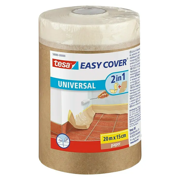 Tesa Easy Cover Papel protector de pintor Universal - Marrón, 20 m x 15 cm - Tesa Easy Cover Universal 2en1, combinación de papel protector y cinta adhesiva para enmascarar superficies de forma rápida y sencilla al pintar.