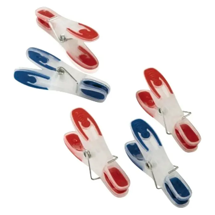 Leifheit Pinzas de tender la ropa para tender ropa - Multicolor, 25 ud., Plástico - Primer plano de cuatro pinzas de la ropa en rojo y azul, perfectas para colgar la ropa en casa. Prácticas y coloridas.