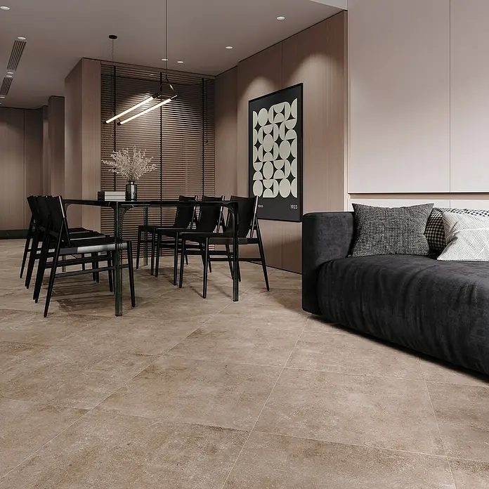 My Home Feinsteinzeugfliese - 60 x 60 cm, Taupe, Matt - Elegantes Esszimmer mit schwarzem Esstisch und Stühlen unter einer modernen Hängelampe. Das Sofa bietet Komfort.