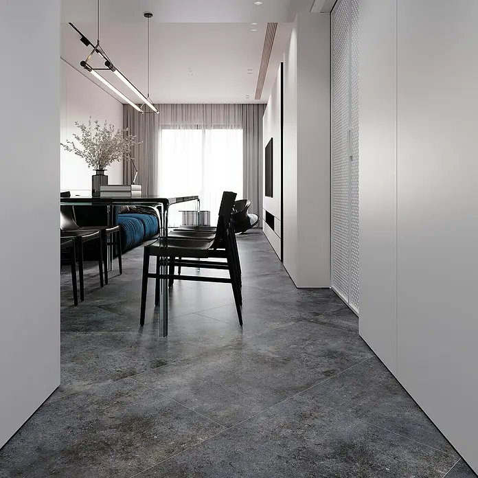 My Home Feinsteinzeugfliese - 60 x 120 cm, Multi, Matt - Elegantes Esszimmer mit schwarzem Esstisch und Stühlen, minimalistischem Design und stilvoller Beleuchtung für ein modernes Ambiente.