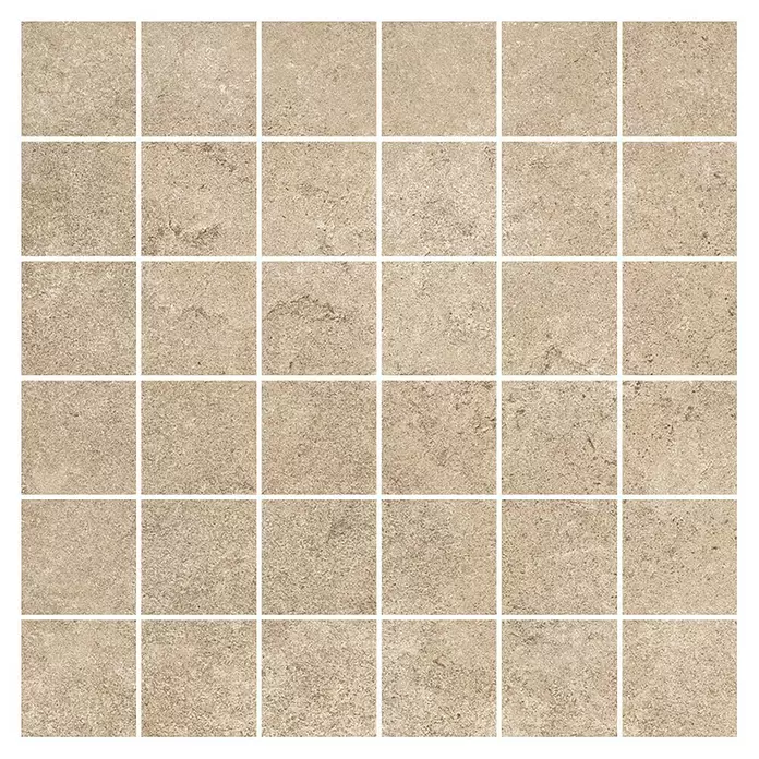 My Home Mosaikfliese - 30 x 30 cm, Beige, Matt - Hellbraune Mosaikfliesen mit strukturierter, steinähnlicher Oberfläche und weißen Fugen, in einem Raster angeordnet.