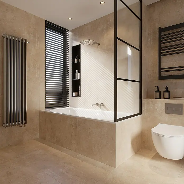My Home Feinsteinzeugfliese - 30 x 60 cm, Beige, Matt - Elegantes Badezimmerdesign mit Badewanne, moderner Duschabtrennung und stilvollem Heizkörper.