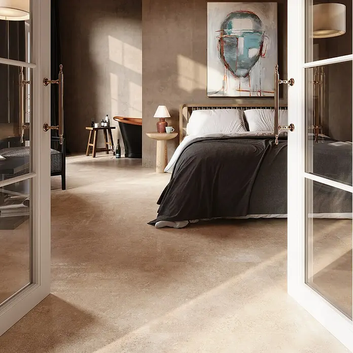 My Home Feinsteinzeugfliese - 60 x 120 cm, Beige, Matt - Einladendes Schlafzimmer mit beigem Bodenbelag, der Wärme und Eleganz ausstrahlt. Der Boden harmoniert perfekt mit dem modernen Design.