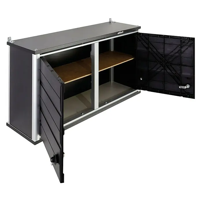 Wolfcraft Armario alto de taller - L x An x Al: 98,5 x 50 x 30 cm, Número de puertas: 2 ud., Tipo de montaje: Colgar - Armario de taller Wolfcraft con dos puertas abiertas, dos estantes y un diseño robusto para la organización del taller.