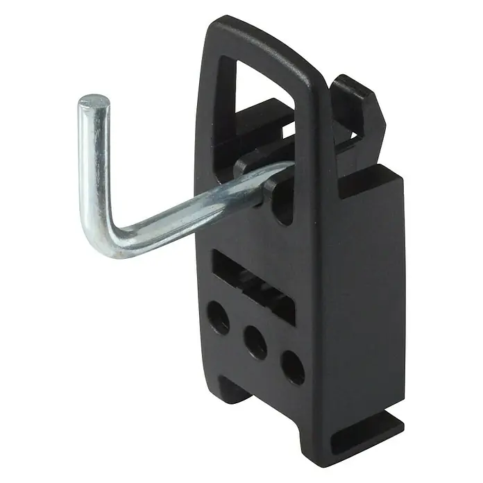 Gancho para panel perforado - Largo: 3 cm, 5 pzs. - Primer plano de un gancho de exhibición minorista negro con un pasador de metal.