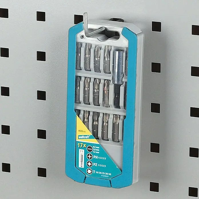 Wolfcraft Juego de ganchos para panel perforado - 10 pzs. - Juego de puntas de destornillador Wolfcraft de 17 piezas con soporte, ideal para diversas aplicaciones de atornillado. Almacenamiento compacto y fácil extracción.