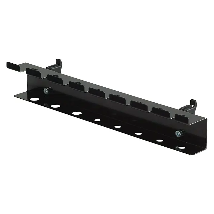 Wolfcraft Soporte portaherramientas - Apto para: Destornillador - Imagen de un estante de herramientas negro para guardar herramientas. El estante ofrece espacio para siete herramientas y tiene orificios para el montaje.