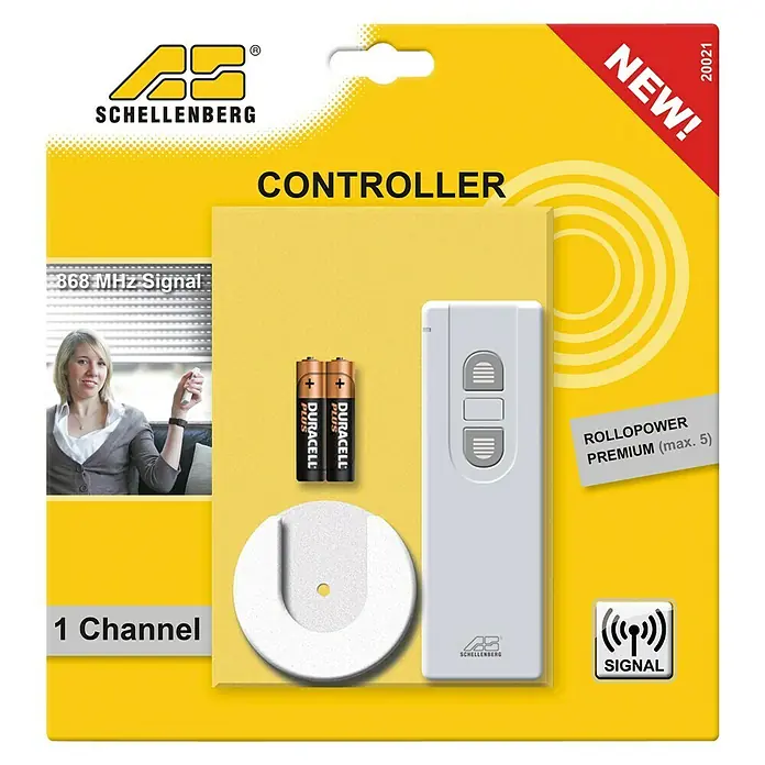 Schellenberg Control remoto con 1 canal - Blanco, Específico para: Enrollador de cable para persianas Schellenberg - La imagen muestra el embalaje de un controlador de persiana Schellenberg que incluye baterías y un soporte para una fácil instalación.