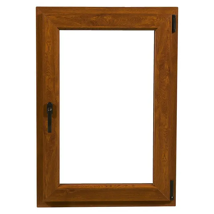 Solid Elements Ventana de PVC practicable-oscilobatiente - 60 x 70 cm, Derecha, Roble oscuro - Vista de una ventana de madera con manija y accesorios. La ventana de madera está hecha de madera marrón y tiene forma rectangular.