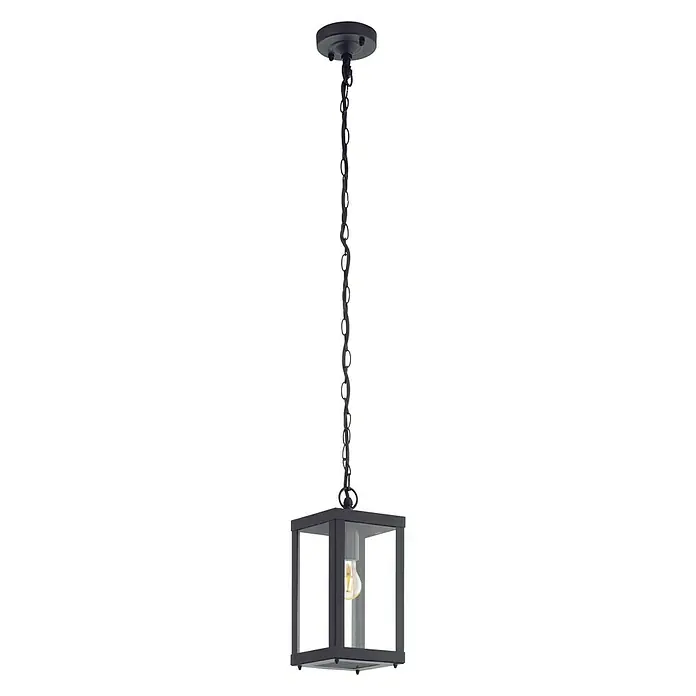 Eglo Lámpara colgante exterior Alamonte - 60 W, L x An x Al: 15 x 15 x 128,5 cm, Negro, E27 - Una lámpara colgante negra con carcasa de vidrio transparente y cadena cuelga del techo, iluminando cualquier habitación con estilo.