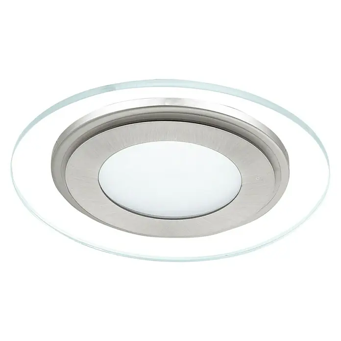 Eglo Downlight LED empotrable Pineda 1 95932 - 12 W, Níquel mate, Blanco cálido - Primer plano de una lámpara de techo redonda con borde de cristal y carcasa de metal cepillado, que ofrece una solución de iluminación moderna y elegante.