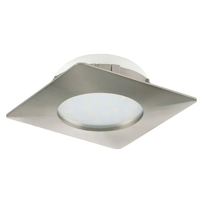 Eglo Downlight LED empotrable Pineda 95863 - 12 W, L x An x Al: 102 x 102 x 35 mm, Níquel mate, Blanco cálido - Primer plano de una lámpara de techo LED cuadrada con acabado de níquel cepillado y superficie de luz redonda.