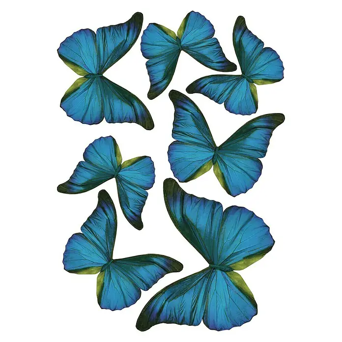 Vinilo de pared 3D Mariposa - 14 x 11 cm, Azul/Negro, Plástico - Un collage de ilustraciones de mariposas Morpho azules que muestra diferentes ángulos y detalles de las delicadas alas.
