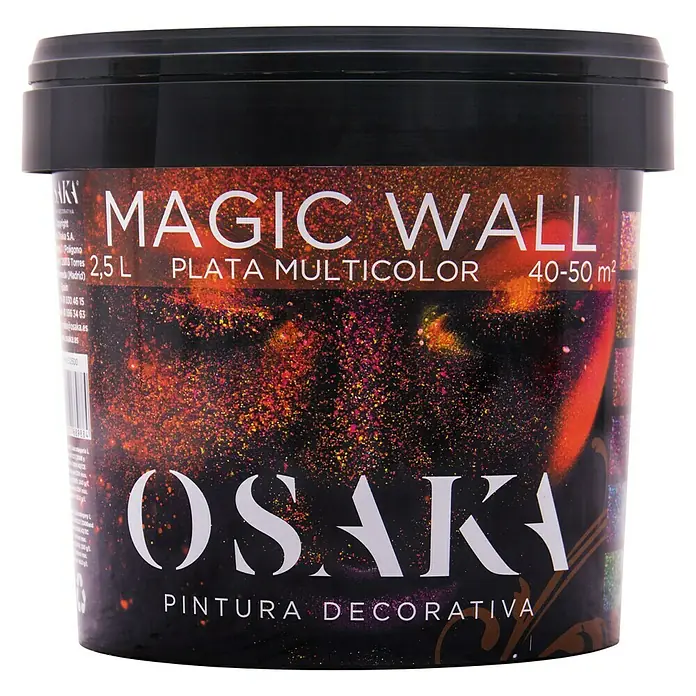 Osaka Barniz transparente Magic Wall - 2,5 l - Primer plano de un cubo de pintura Magic Wall de Osaka, 2,5L, Plata Multicolor, ideal para pintura decorativa.