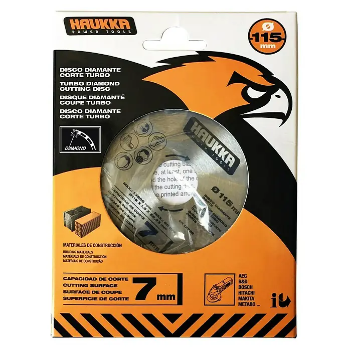 Disco de corte Turbo - Orificio: 22,23 mm - Imagen de un disco de corte de diamante Haukkka Turbo, 115 mm de diámetro y 7 mm de superficie de corte, para materiales de construcción.