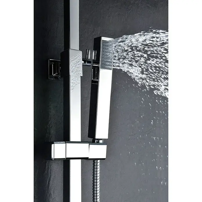 Imex Nantes Sistema de ducha - Con grifo monomando, Distancia entre orificios: 15 cm, Número de tipos de chorro: 1 ud., Cromo - Un moderno conjunto de ducha cromado con diseño cuadrado y agua corriente, que mejora la experiencia del baño.