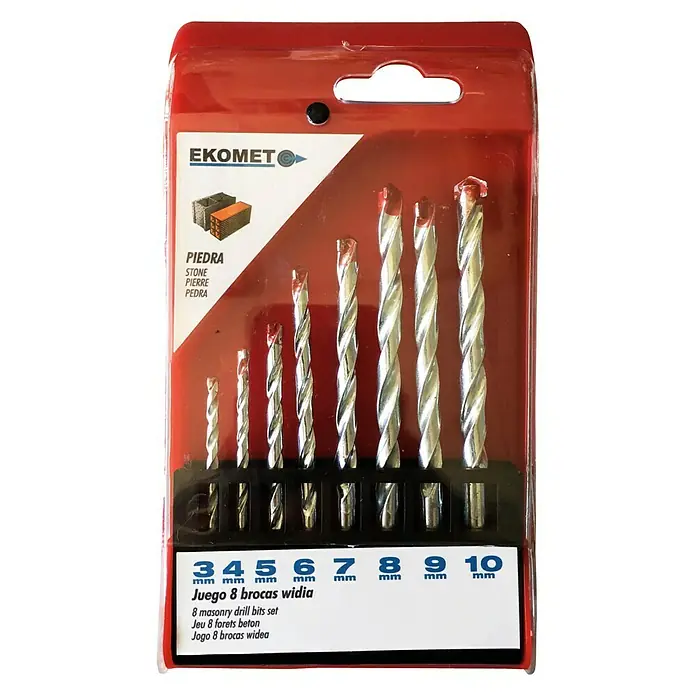 Set de brocas Widia - Diámetro de la broca: 10 mm - Juego de 8 brocas para mampostería EKOMET, ideal para piedra y hormigón, varios tamaños.
