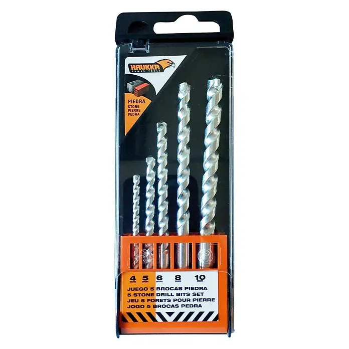 Set de brocas para piedra - Diámetro de la broca: 10 mm - Un juego de cinco brocas para piedra Haukka, empaquetadas en una caja de plástico con indicaciones de tamaño.