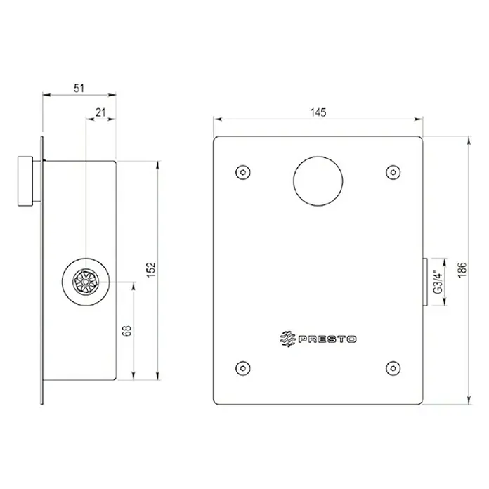 Grifo de descarga fluxor para inodoro 1000 E XL - Latón - Dibujo técnico del producto Presto con medidas para la instalación y dimensiones. Esencial para instalaciones de fontanería.