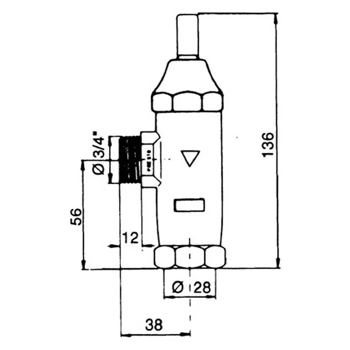 Grifo de descarga fluxor para inodoro 1000 M - 28 mm, Latón - Representación esquemática de una válvula de radiador, mostrando varias medidas para la instalación.