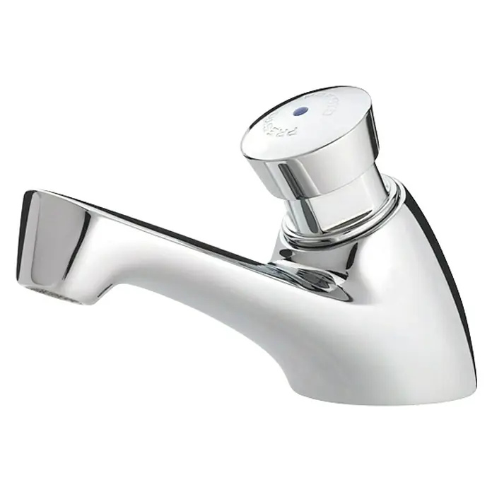 Grifo con temporizador 605 - Cromo - Grifo cromado brillante con una parte superior redondeada con botón pulsador.