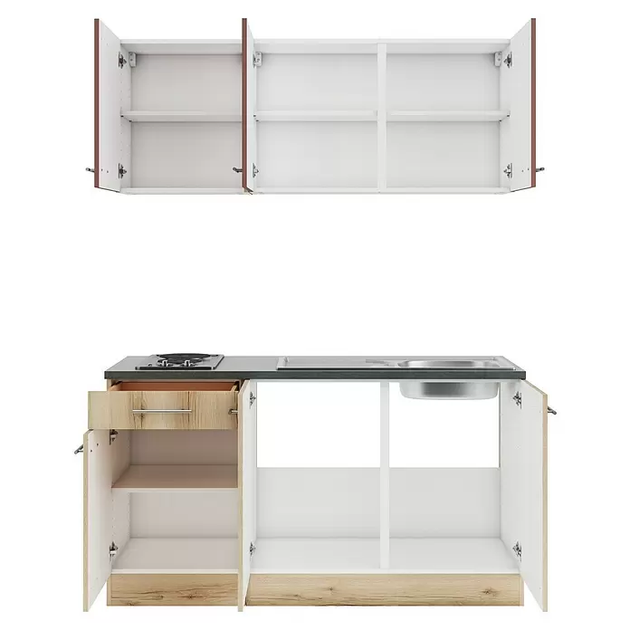 Optifit Bari407 Singleküche Typ 1 - Breite: 150 cm, Rostbraun/Wildeiche Nachbildung, Wechselseitig aufbaubar - Offene Küchenschränke: Hängeschränke mit Regalen und Unterschränke mit Schublade, Kochfeld und Spüle, in Weiß und hellem Holzdekor.
