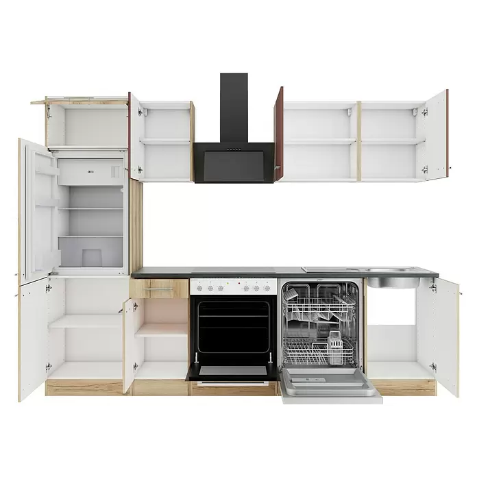 Optifit Bari407 Küchenzeile Typ 1 - Breite: 270 cm, Rostbraun/Wildeiche Nachbildung, Mit Elektrogeräten - Modulküchenzeile in heller Holzoptik und Weiß, mit offenem Kühlschrank, Backofen und Geschirrspüler, integriertem Kochfeld, Spüle und Dunstabzugshaube.