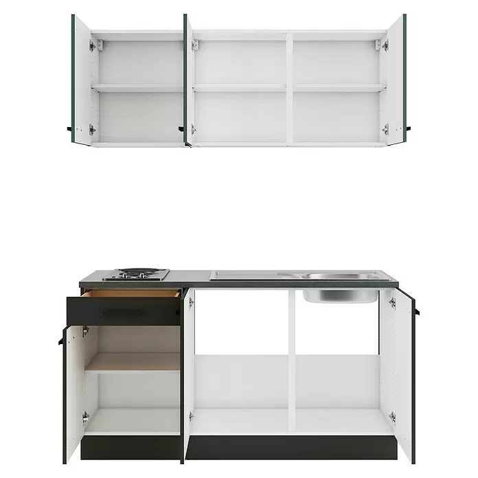 Optifit Verona405 Singleküche Typ 1 - Breite: 150 cm, Anthrazit/Steingrün, Mit Elektrogeräten - Dunkelgraue Küchenschrank-Garnitur mit offenen Türen, weißen Regalen, integriertem Kochfeld und Spüle. Ober- und Unterschränke enthalten.