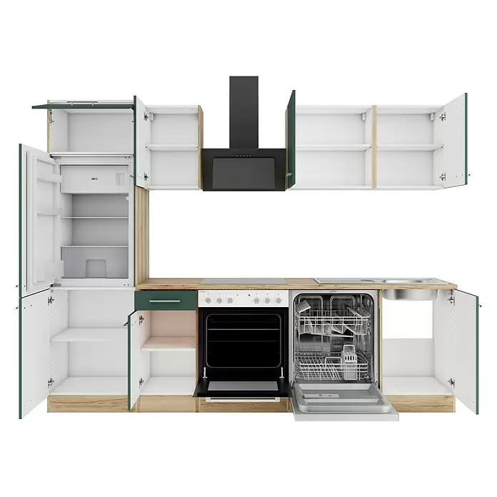 Optifit Savona405 Küchenleerblock Typ 4 - Breite: 270 cm, Steingrün, Ohne Elektrogeräte - Weiße Küche mit Holz- und dunkelgrünen Akzenten, offenen Schränken, Kühlschrank, Backofen und Spülmaschine.