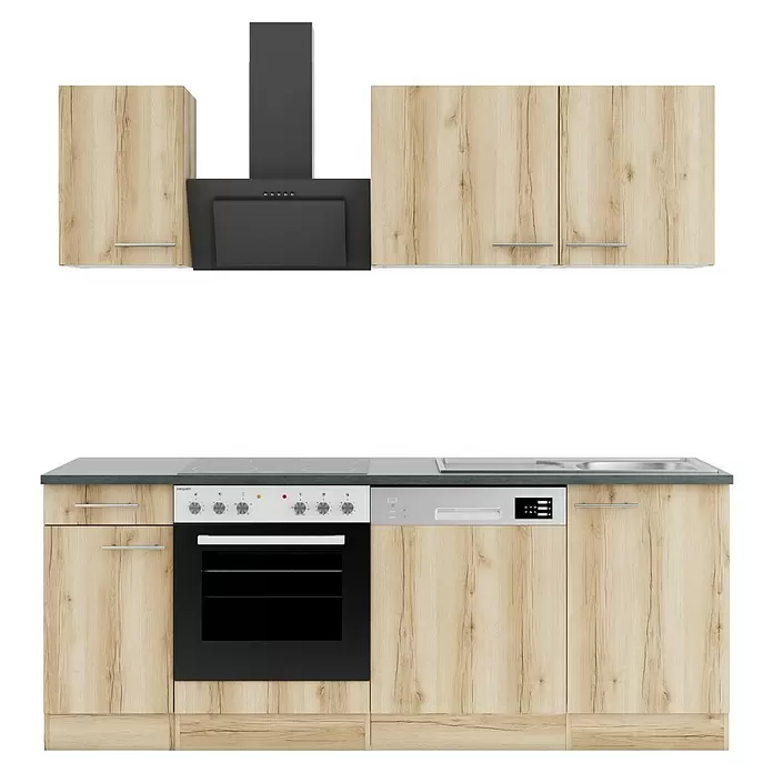 Optifit Livorno290 Küchenleerblock Typ 4 - Breite: 210 cm, Wildeiche Nachbildung, Ohne Elektrogeräte - Moderne Küchenzeile mit hellen Holzmaserungsschränken, dunkler Arbeitsplatte, integriertem Ofen, Spülmaschine, Spüle, Kochfeld und Dunstabzugshaube.