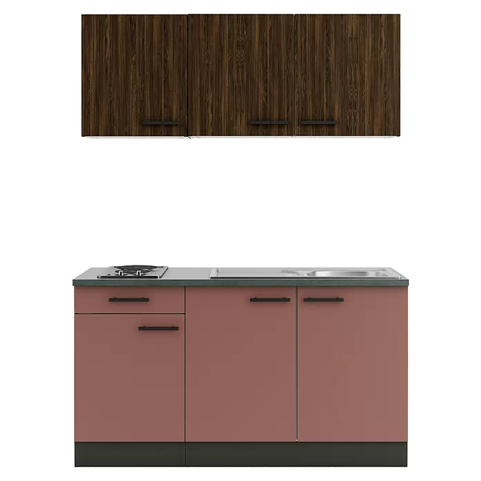 Optifit Nizza407 Singleküche Typ 2 - Breite: 150 cm, Rostrot/Rillendekor Nussbaum, Mit Elektrogeräten - Zweiteilige Küchenzeile: obere Hängeschränke aus dunklem Holz, rote Unterschränke mit grauer Arbeitsplatte, Herd und Spüle.