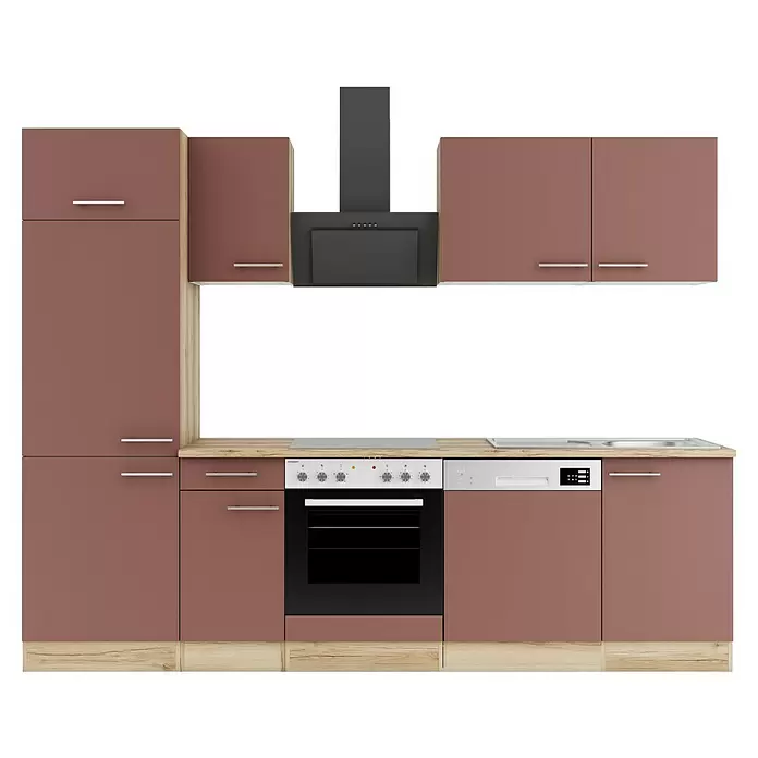 Optifit Bari407 Küchenleerblock Typ 2 - Breite: 270 cm, Rostrot, Ohne Elektrogeräte - Braun-mauve Küchenzeile mit hellen Holzdetails, integriertem Backofen, Kochfeld, Geschirrspüler, Spüle und schwarzer Dunstabzugshaube.