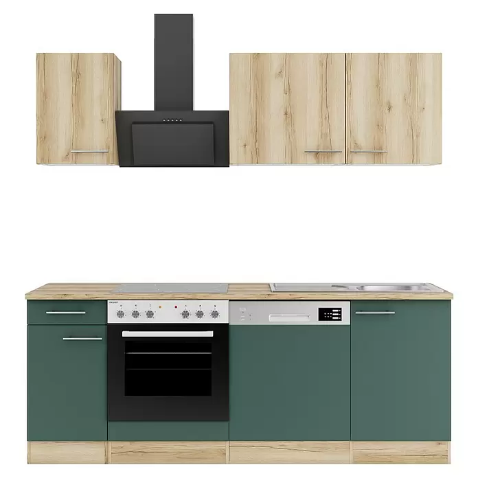 Optifit Livorno290 Singleküche Typ 3 - Breite: 210 cm, Steingrün/Wildeiche Nachbildung, Mit Elektrogeräten - Modernes Küchenset mit hellen Holz-Oberschränken, schwarzer Dunstabzugshaube, grünen Unterschränken, Holz-Arbeitsplatte, Backofen, Kochfeld, Spüle und Geschirrspüler.
