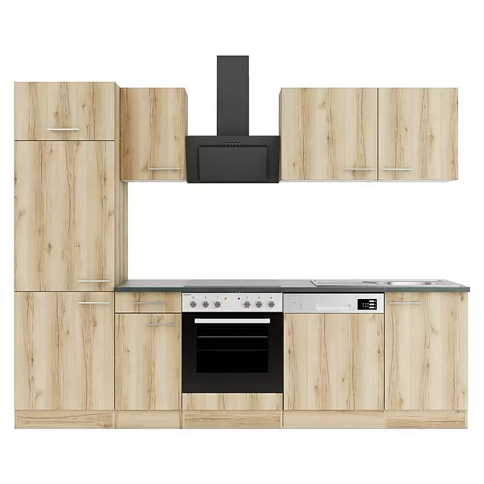 Optifit Livorno290 Küchenzeile Typ 1 - Breite: 270 cm, Wildeiche Nachbildung, Mit Elektrogeräten - Küchenzeile aus hellem Holz mit schwarzer Dunstabzugshaube, integriertem Backofen, Kochfeld und Geschirrspüler.