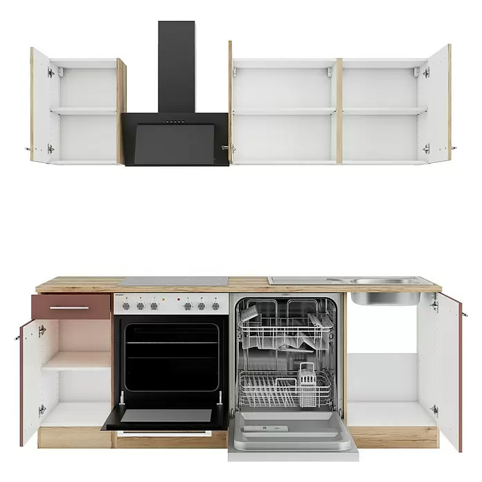 Optifit Livorno290 Küchenleerblock Typ 1 - Breite: 210 cm, Wildeiche Nachbildung/Rostbraun, Ohne Elektrogeräte - Moderne Küchenzeile mit offenen weißen und hellen Holzschränken, schwarzem Backofen, Dunstabzugshaube, Spülmaschine und Spüle.