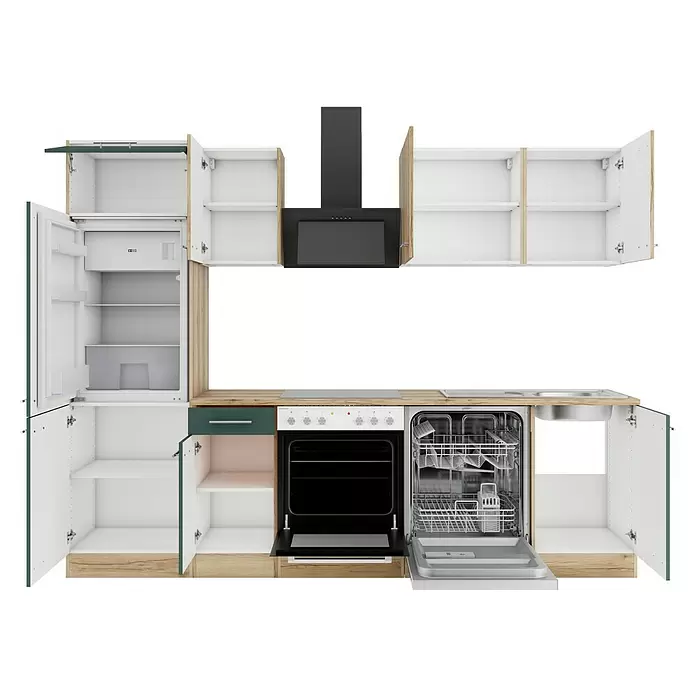 Optifit Livorno290 Küchenleerblock Typ 2 - Breite: 270 cm, Steingrün/Wildeiche Nachbildung, Ohne Elektrogeräte - Moderne Küchenzeile: weiße und holzfarbene Schränke, dunkelgrüne Akzente. Offener Kühlschrank, Backofen, Geschirrspüler, Spüle, Dunstabzugshaube integriert.
