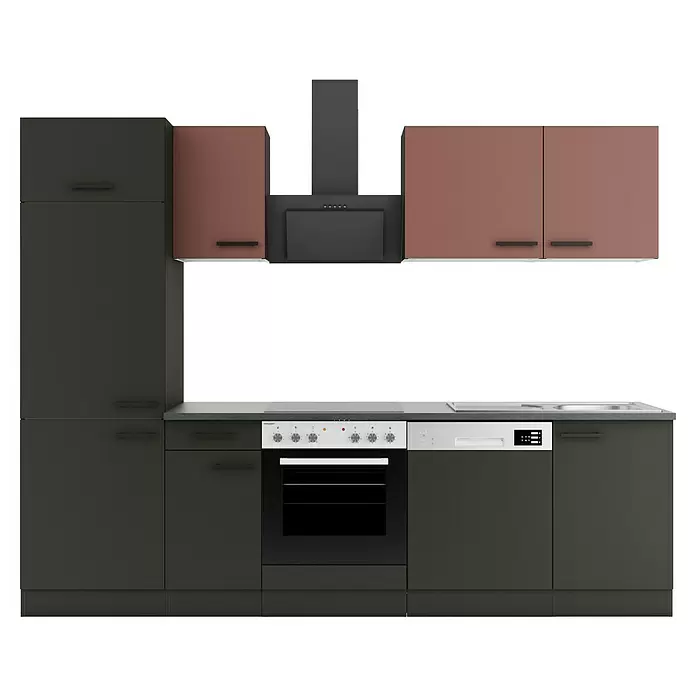 Optifit Nizza407 Küchenzeile Typ 1 - Breite: 270 cm, Anthrazit/Rostrot, Mit Elektrogeräten - Moderne anthrazitfarbene und rotbraune Küchenzeile mit integriertem Backofen, Kochfeld, Geschirrspüler und Dunstabzugshaube.