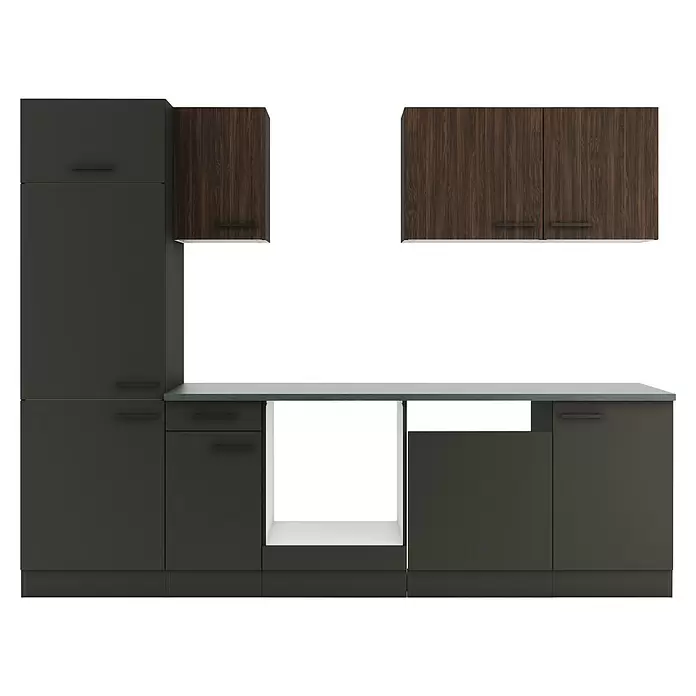 Optifit Madrid420 Küchenzeile Typ 4 - Breite: 270 cm, Anthrazit/Rillendekor Nussbaum, Ohne Elektrogeräte - Moderne Küchenschränke in Dunkelgrau und dunklem Holz, mit Hochschrank, Oberschränken, Unterschränken und dunkler Arbeitsplatte.