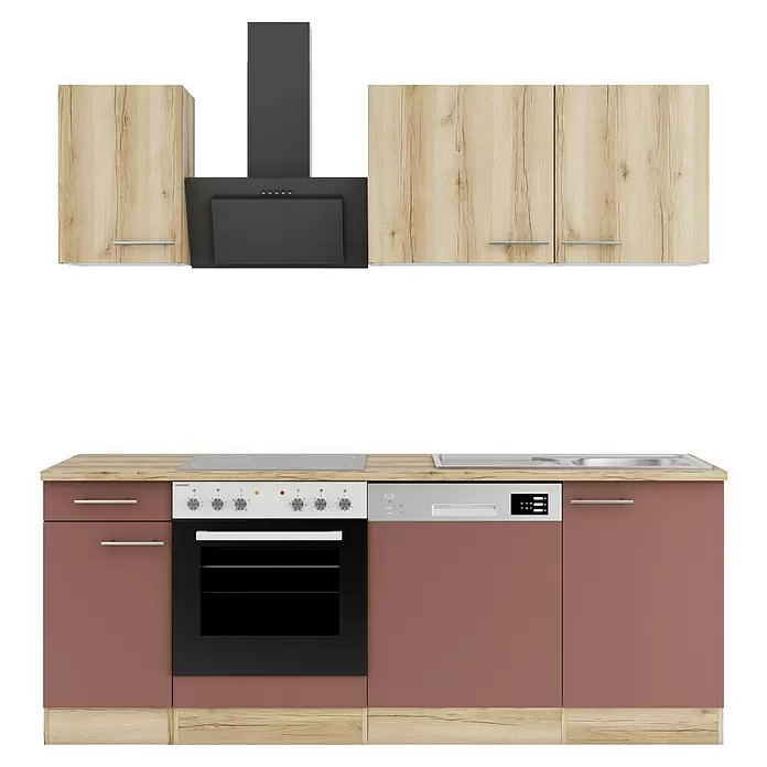 Optifit Livorno290 Küchenleerblock Typ 1 - Breite: 210 cm, Wildeiche Nachbildung/Rostbraun, Ohne Elektrogeräte - Moderne Küchenzeile: helle Holz-Oberschränke und Sockel, dunkelbraune Unterschränke, schwarze Dunstabzugshaube, integrierter Ofen, Kochfeld, Spülmaschine, Spüle.