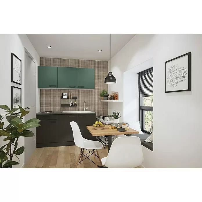 Optifit Verona405 Singleküche Typ 1 - Breite: 150 cm, Anthrazit/Steingrün, Mit Elektrogeräten - Moderne Küche mit grünen und dunkelgrauen Schränken, kombiniert mit einem gemütlichen Essbereich.