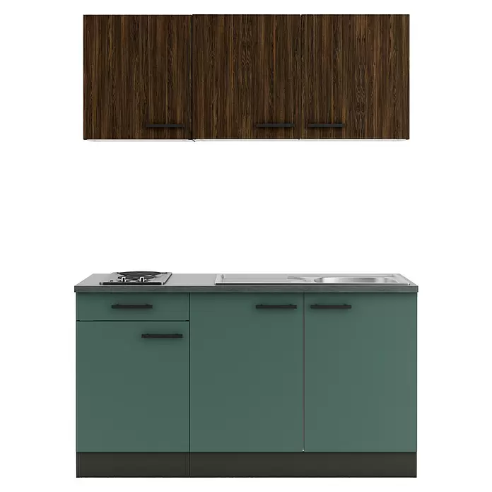 Optifit Verona405 Singleküche Typ 1 - Breite: 150 cm, Steingrün/Rillendekor Nussbaum, Mit Elektrogeräten - Mini-Küche in Petrolgrün und dunklem Holz mit integriertem Zweiflammenkochfeld und Spüle, schwarzen Griffen.