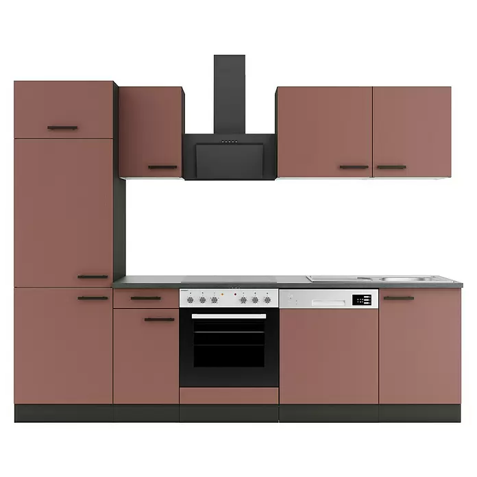 Optifit Nizza407 Küchenleerblock Typ 1 - Breite: 270 cm, Rostrot, Ohne Elektrogeräte - Moderne Einbauküche mit braunen Schränken, dunkelgrauer Arbeitsplatte, schwarzer Dunstabzugshaube, Backofen und weißem Geschirrspüler.