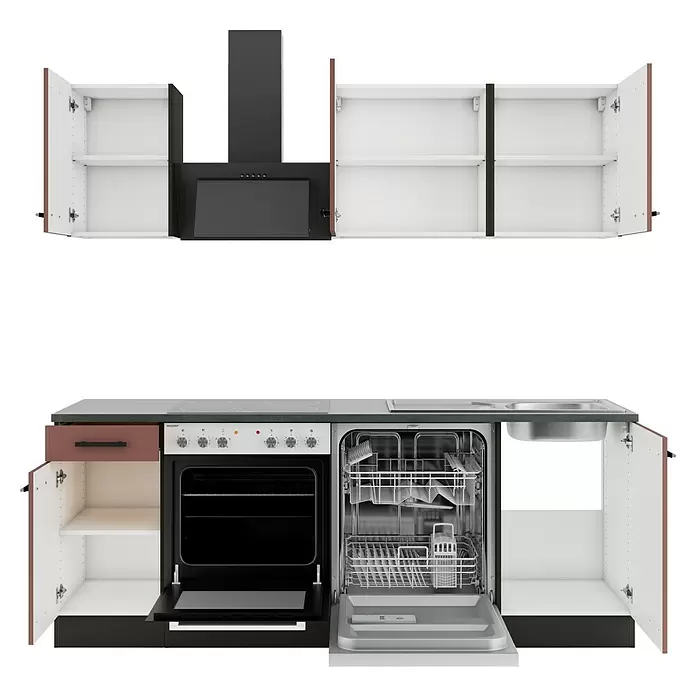 Optifit Nizza407 Singleküche Typ 2 - Breite: 210 cm, Rostrot, Mit Elektrogeräten - Moderne Küchenzeile mit dunklem Unterschrank, weißen Innenräumen, braunen Türen, Backofen, offener Spülmaschine, Spüle und Dunstabzugshaube.