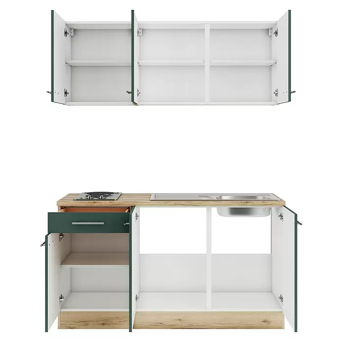 Optifit Savona405 Singleküche Typ 2 - Breite: 150 cm, Steingrün, Wechselseitig aufbaubar - Küchenzeile mit weißen und holzfarbenen Schränken, dunkelgrünen Türen, integriertem Kochfeld und Spüle.