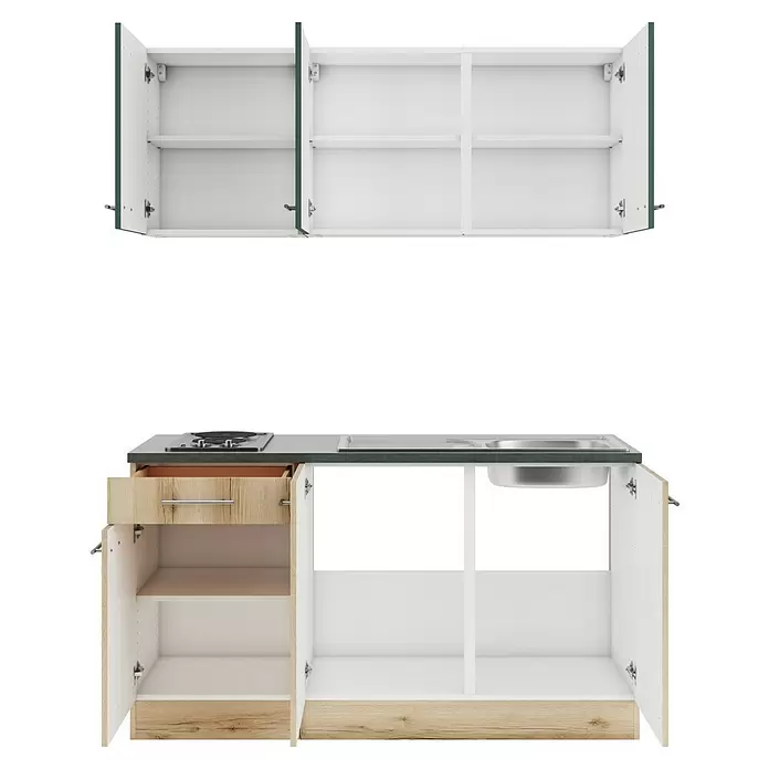 Optifit Savona405 Singleküche Typ 3 - Breite: 150 cm, Wildeiche Nachbildung/Steingrün, Mit Elektrogeräten - Offene Küchenschränke mit weißem Interieur, grünen/hölzernen Akzenten, Arbeitsplatte mit Spüle und Kochfeld.