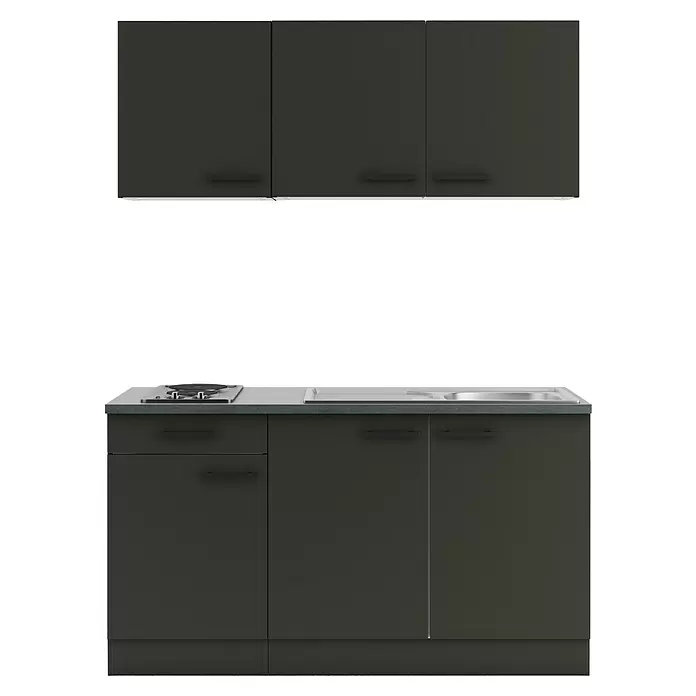 Optifit Madrid420 Singleküche Typ 3 - Breite: 150 cm, Anthrazit, Mit Elektrogeräten - Dunkelgraue Küchenzeile mit Oberschränken, integriertem Elektrokochfeld und Spüle.