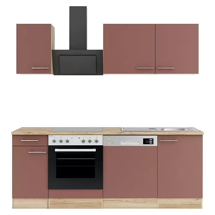 Optifit Bari407 Küchenleerblock Typ 3 - Breite: 210 cm, Rostrot, Ohne Elektrogeräte - Moderne Küchenzeile mit rotbraunen Schränken, schwarzen Geräten und einer hellen Arbeitsplatte aus Holz.