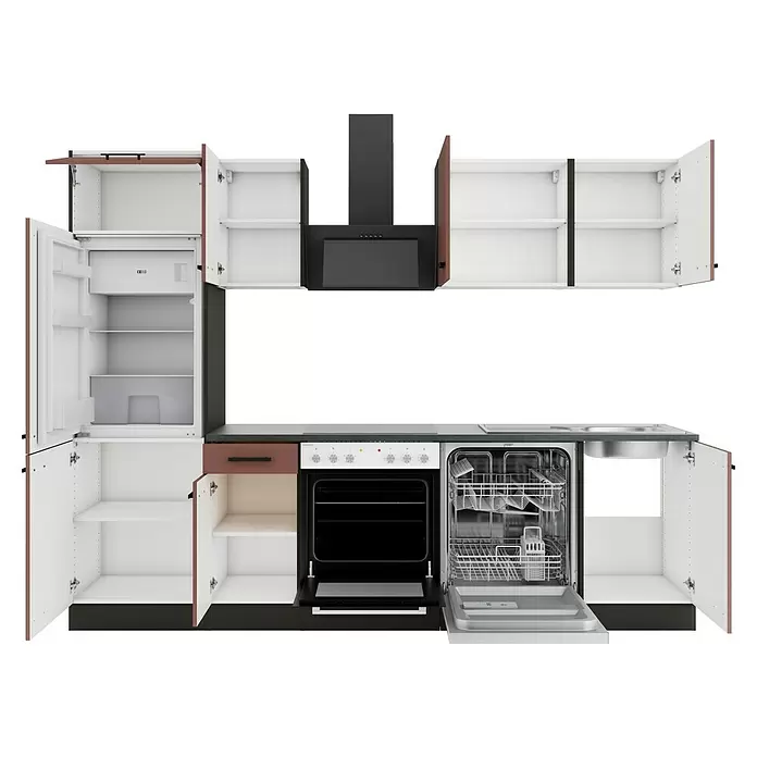 Optifit Nizza407 Küchenleerblock Typ 1 - Breite: 270 cm, Rostrot, Ohne Elektrogeräte - Modulare Küche mit weißen/braunen Schränken, schwarzen Geräten (Kühlschrank, Backofen, Spülmaschine, Dunstabzug). Viele Einheiten offen.