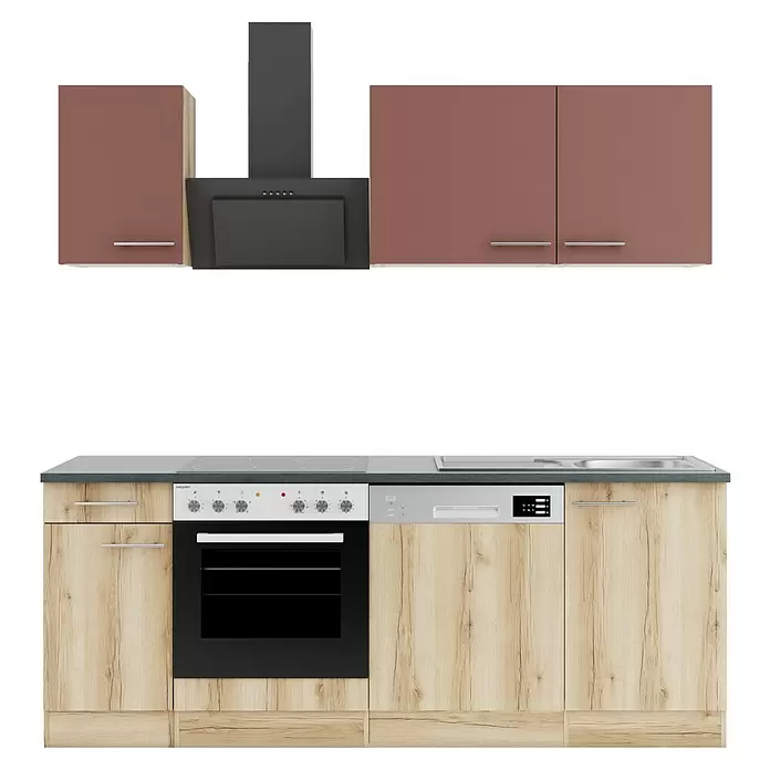 Optifit Bari407 Küchenleerblock Typ 3 - Breite: 210 cm, Rostbraun/Wildeiche Nachbildung, Ohne Elektrogeräte - Moderne Küchenzeile mit braun-mauve Oberschränken, dunkelgrauer Dunstabzugshaube und hellen Holzmaserung-Unterschränken mit Backofen, Geschirrspüler und Spüle.