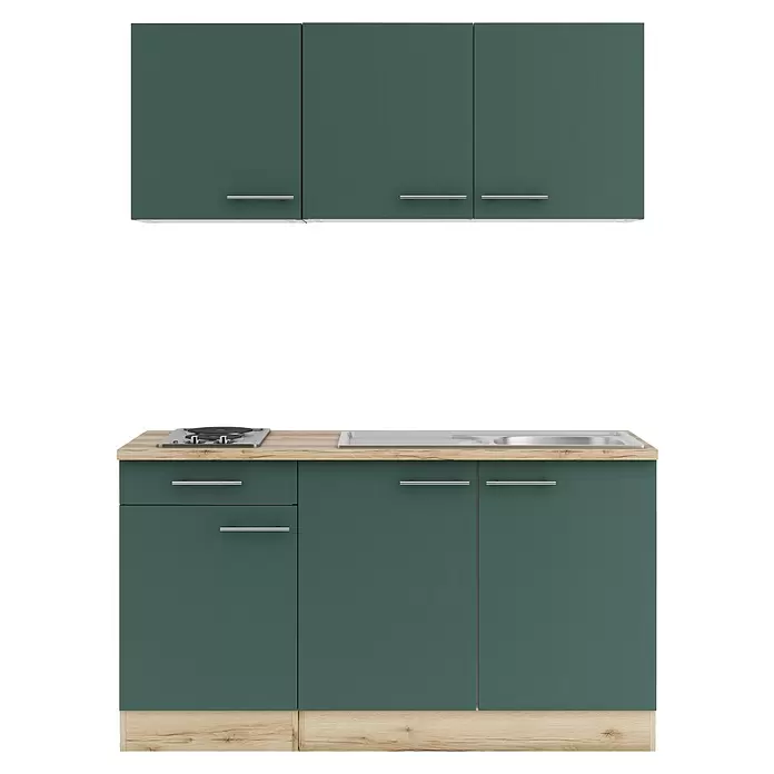 Optifit Savona405 Singleküche Typ 2 - Breite: 150 cm, Steingrün, Wechselseitig aufbaubar - Grüne Küchenzeile mit heller Holzoptik-Arbeitsplatte, integriertem Kochfeld und Spüle. Mit Chromgriffen.